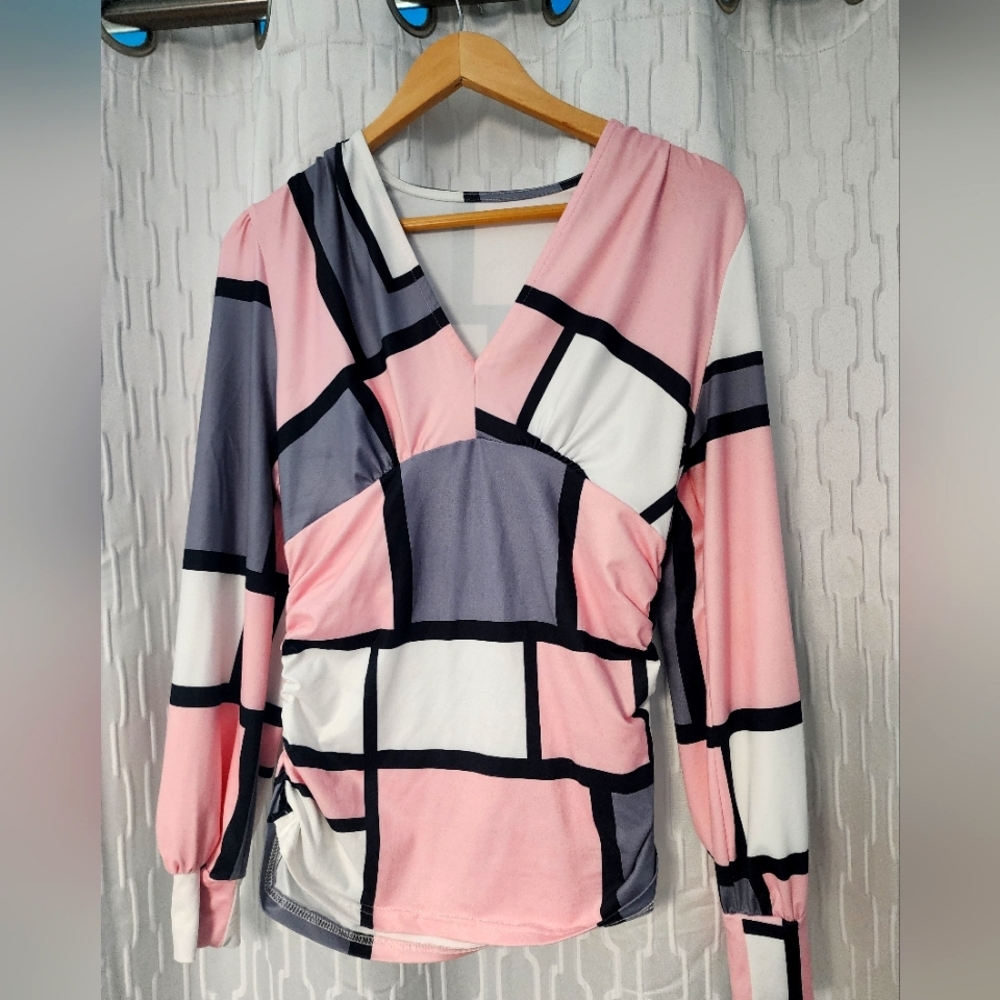 Geometric Pink and Gray Women's Top